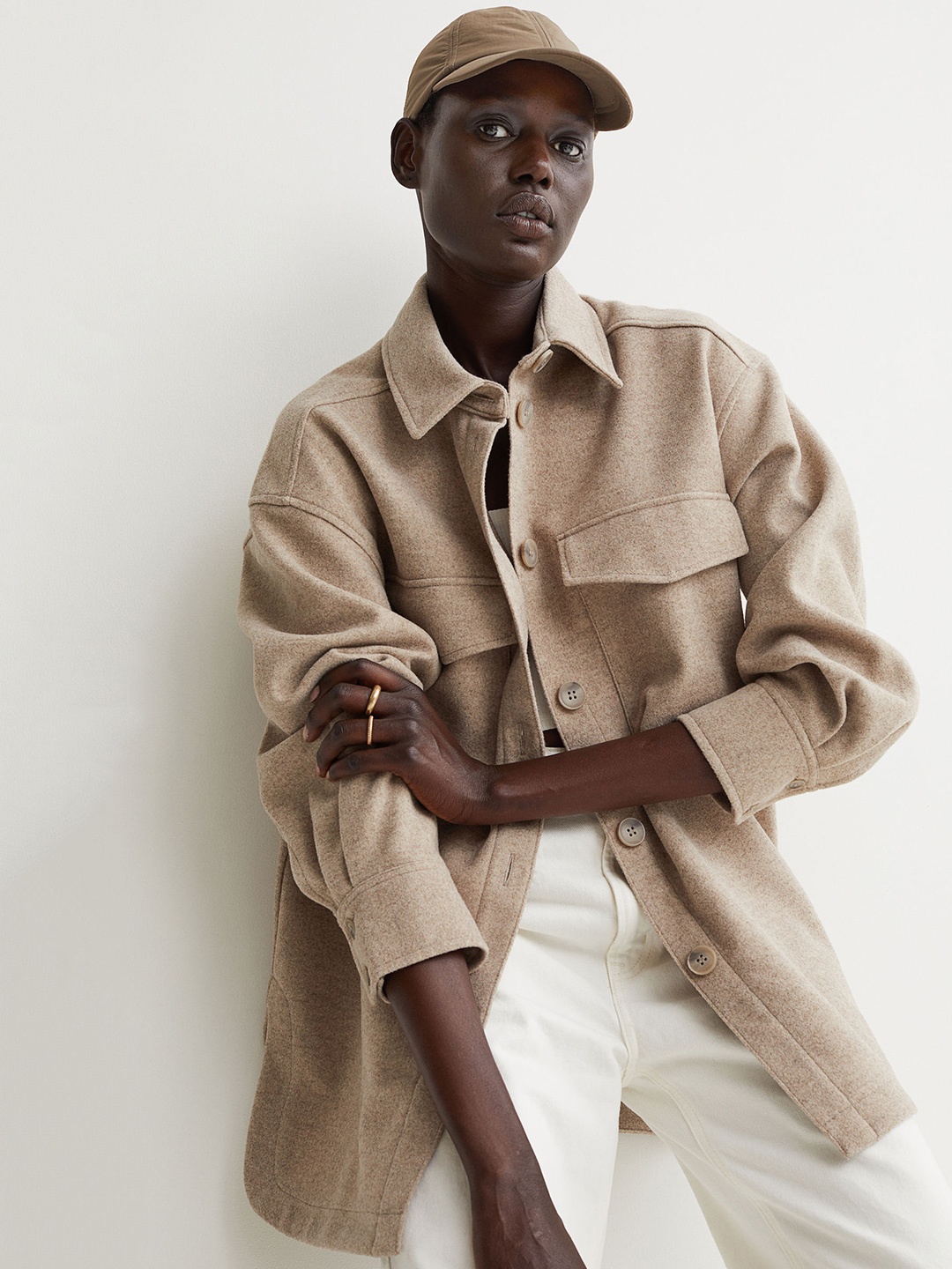 

H&M Women Beige Fleece Shirt Jacket