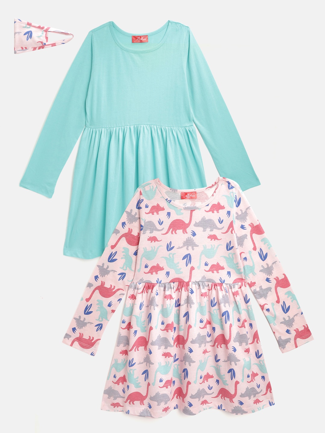 

pspeaches Girls Multicoloured Pack Of 2 Round Neck Gathered or Pleated Cotton Fit & Flare, Multi