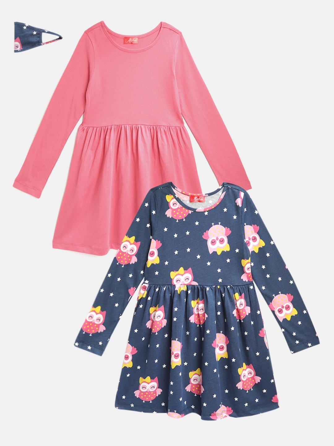 

pspeaches Girls Navy Blue & Pink Pack Of 2 Gathered or Pleated Cotton Fit & Flare Dress