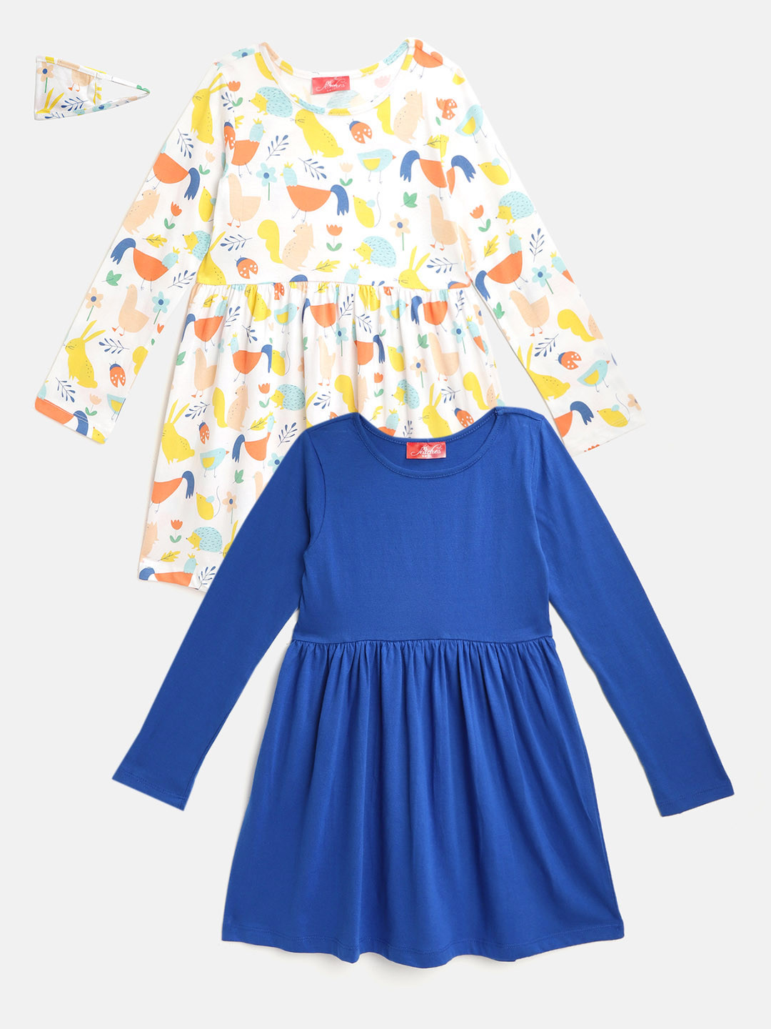 

pspeaches Girls Multicoloured Pack Of 2 Round Neck Gathered or Pleated Cotton Fit & Flare, Multi