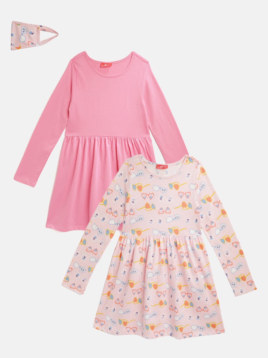 

pspeaches Girls Multicoloured Pack Of 2 Round Neck Gathered or Pleated Cotton Fit & Flare, Multi