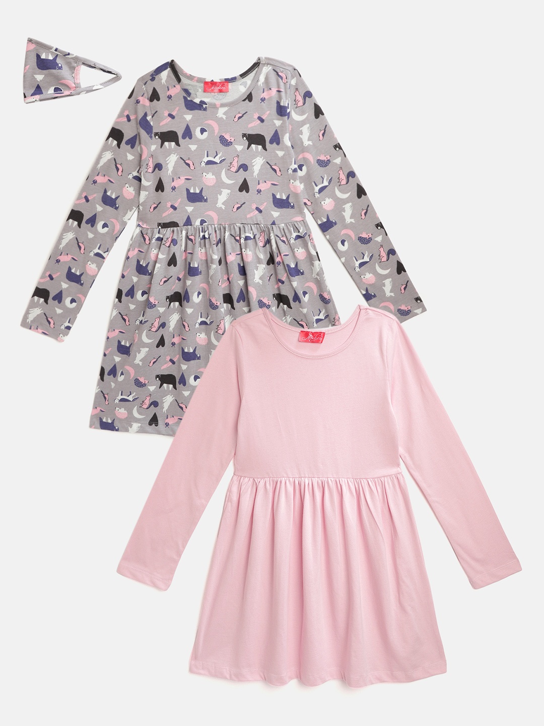 

pspeaches Girls Multicoloured Pack Of 2 Round Neck Gathered or Pleated Cotton Fit & Flare, Multi