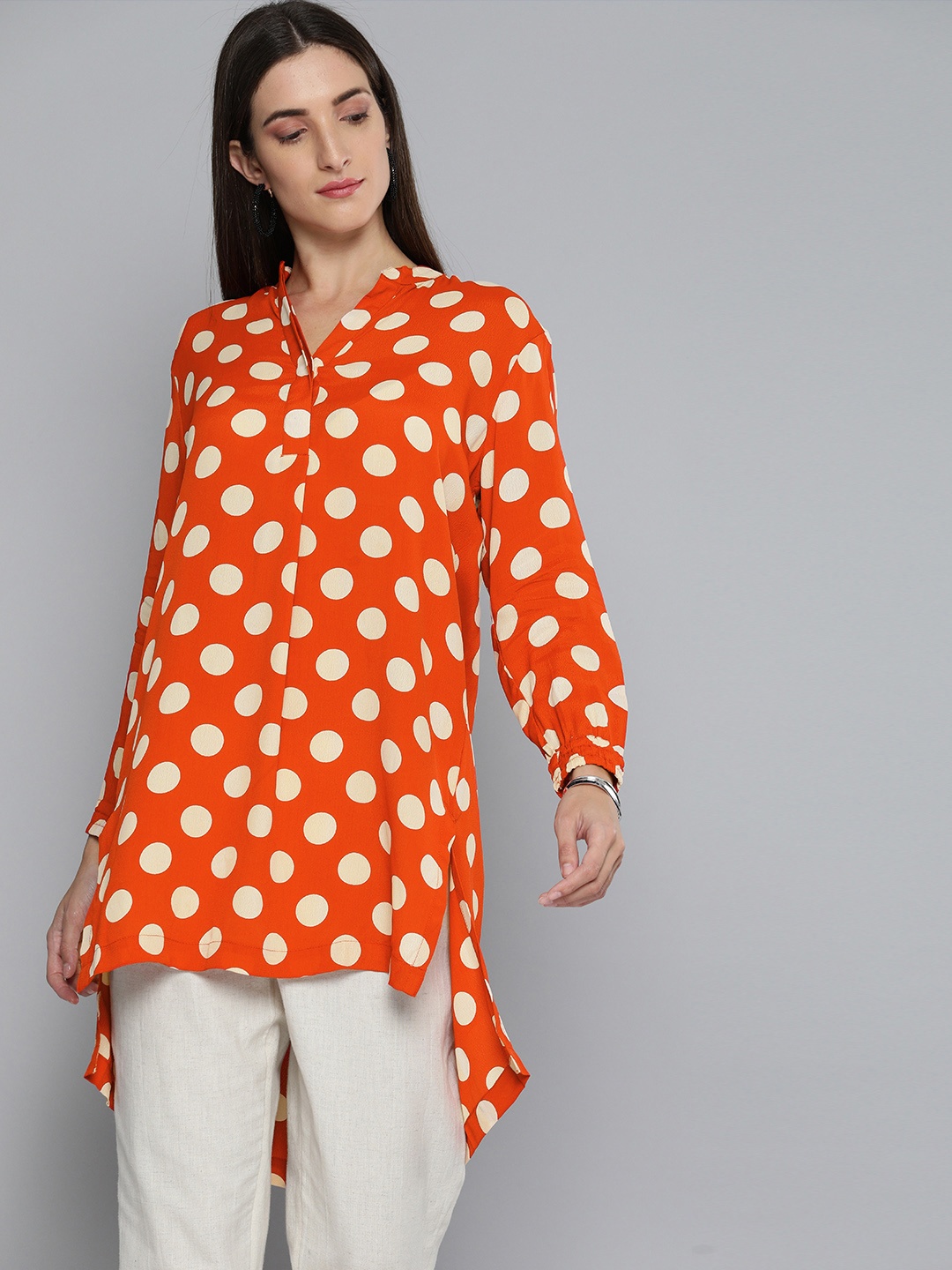 

Modern Indian by CHEMISTRY Women Polka Dot Crepe Rust & White Kurta