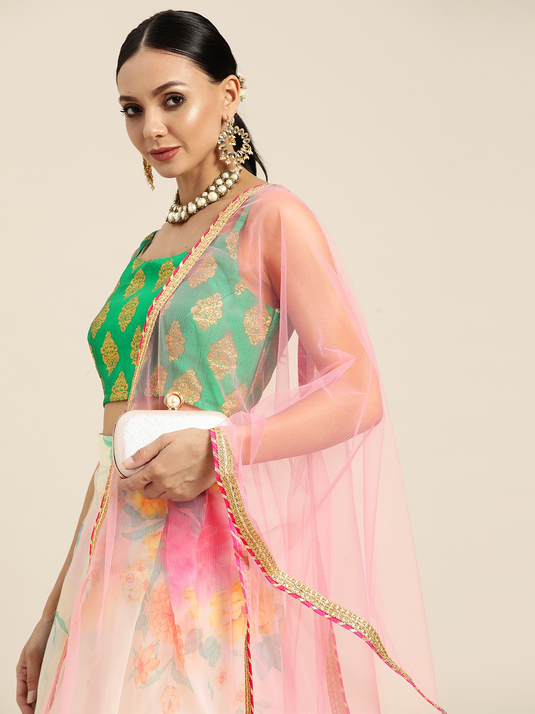 

Sangria Off White & Green Semi-Stitched Lehenga & Unstitched Blouse With Dupatta