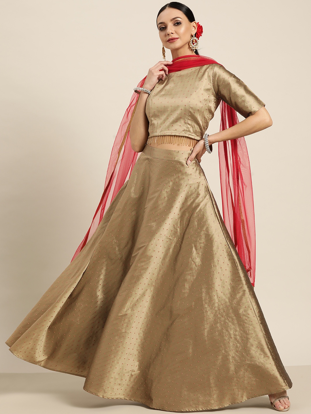 

Sangria Gold-Toned & Red Ready to Wear Lehenga & Blouse With Dupatta