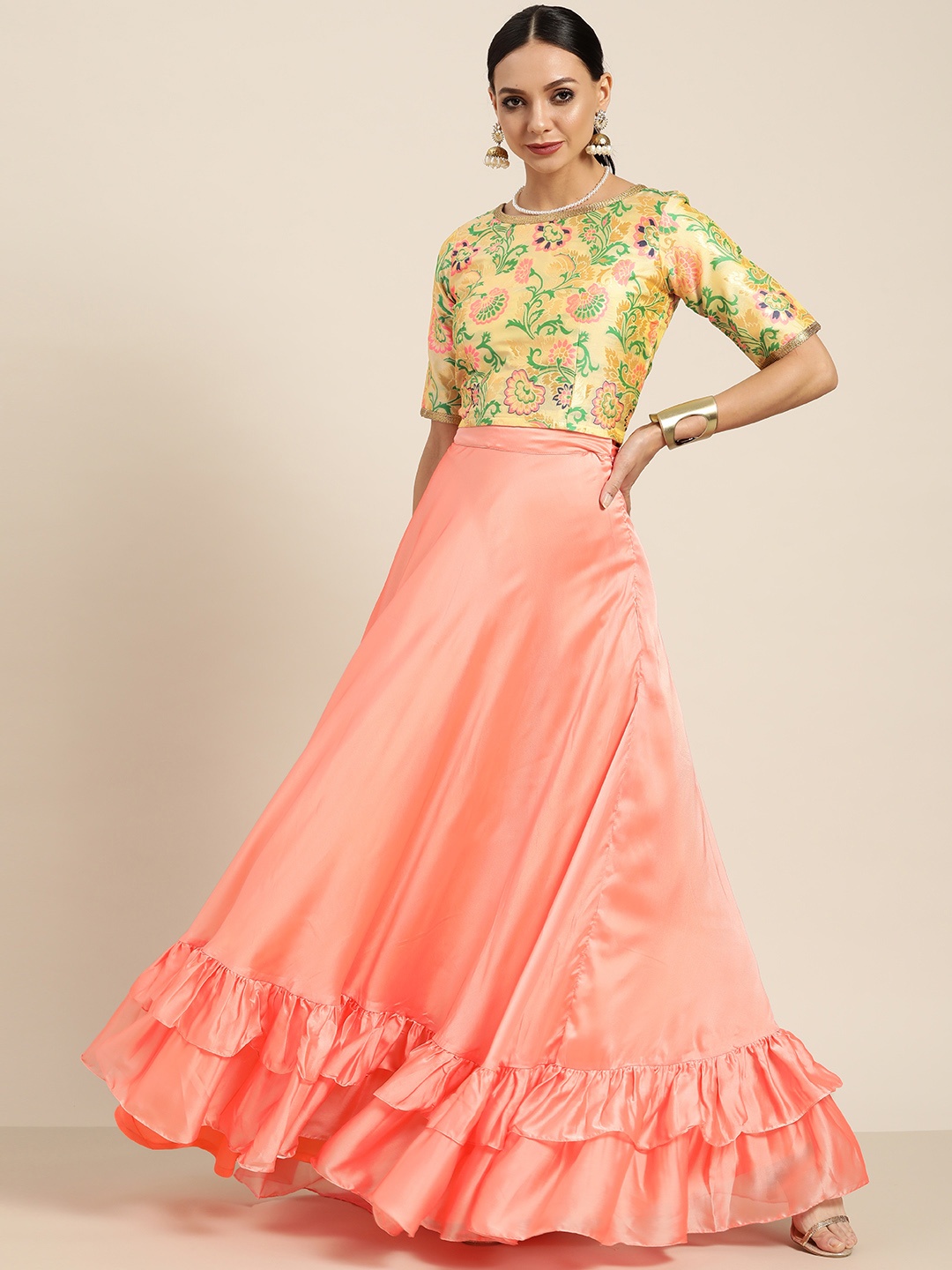 

Sangria Pink & Yellow Printed Ready to Wear Lehenga & Choli