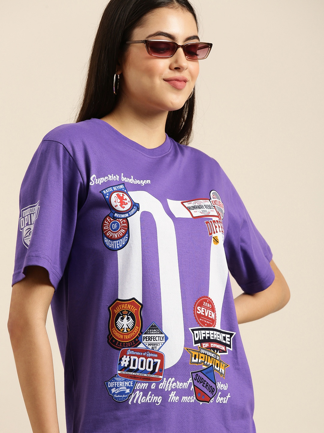 

Difference of Opinion Women Purple Printed Pure Cotton OversizedT-shirt