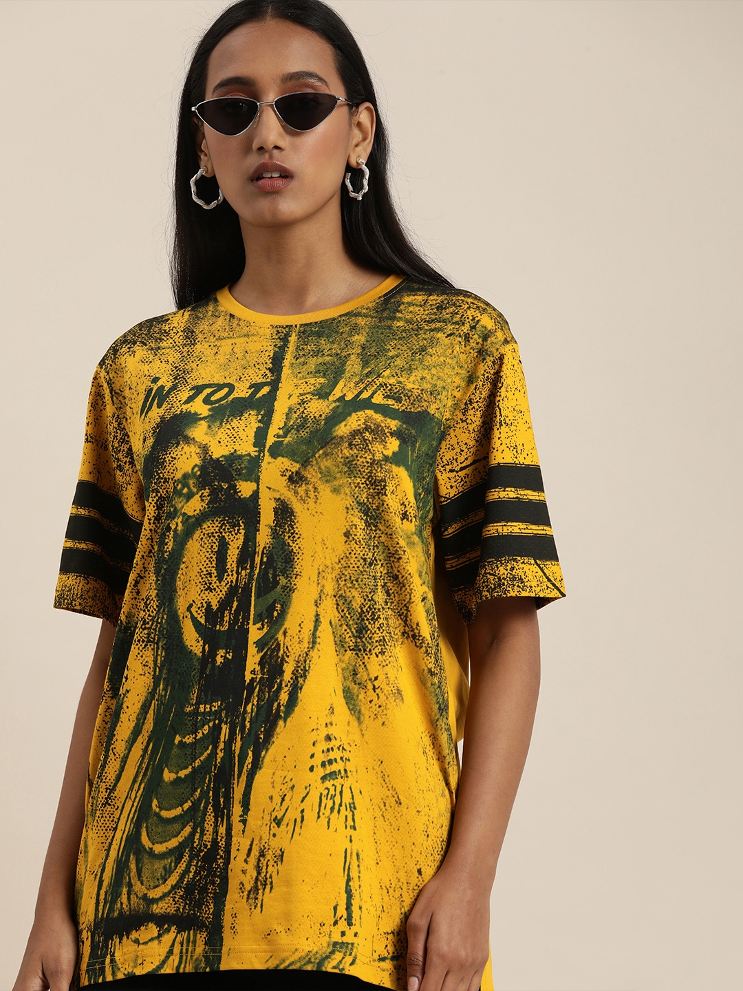 

Difference of Opinion Women Mustard Yellow Graphic Printed Pure Cotton Oversized Pure Cotton T-shirt