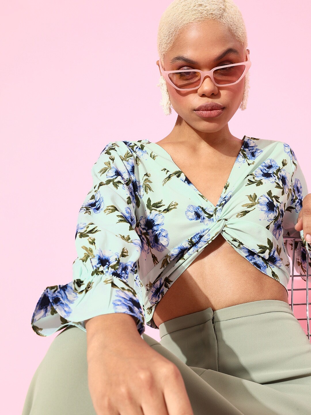 

Berrylush Women Enchanting Sea Green Floral Bell Sleeves Top