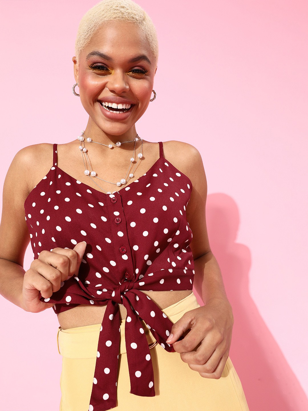 

Berrylush Women Gorgeous Red Polka Dots Clinched Waist Top