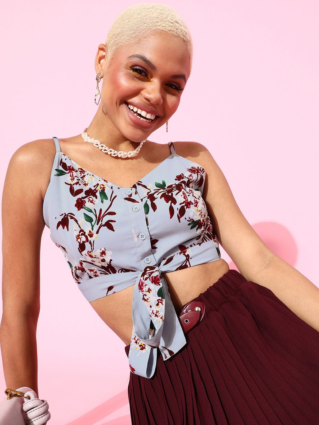 

Berrylush Women Stunning Blue Floral Clinched Waist Top