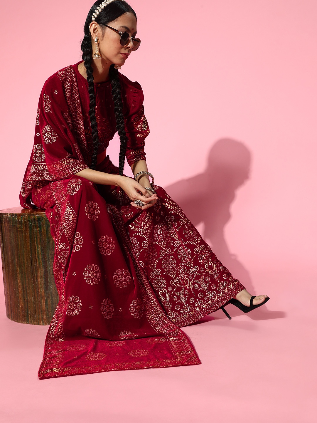 

Juniper Maroon & Gold-Toned Foil Printed Velvet Lehenga Choli Dupatta Set