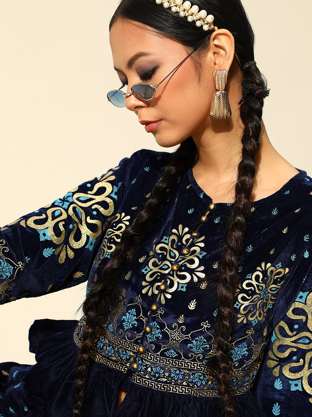 

Juniper Navy Blue & Gold-Toned Printed Foil Print Ready to Wear Lehenga Choli