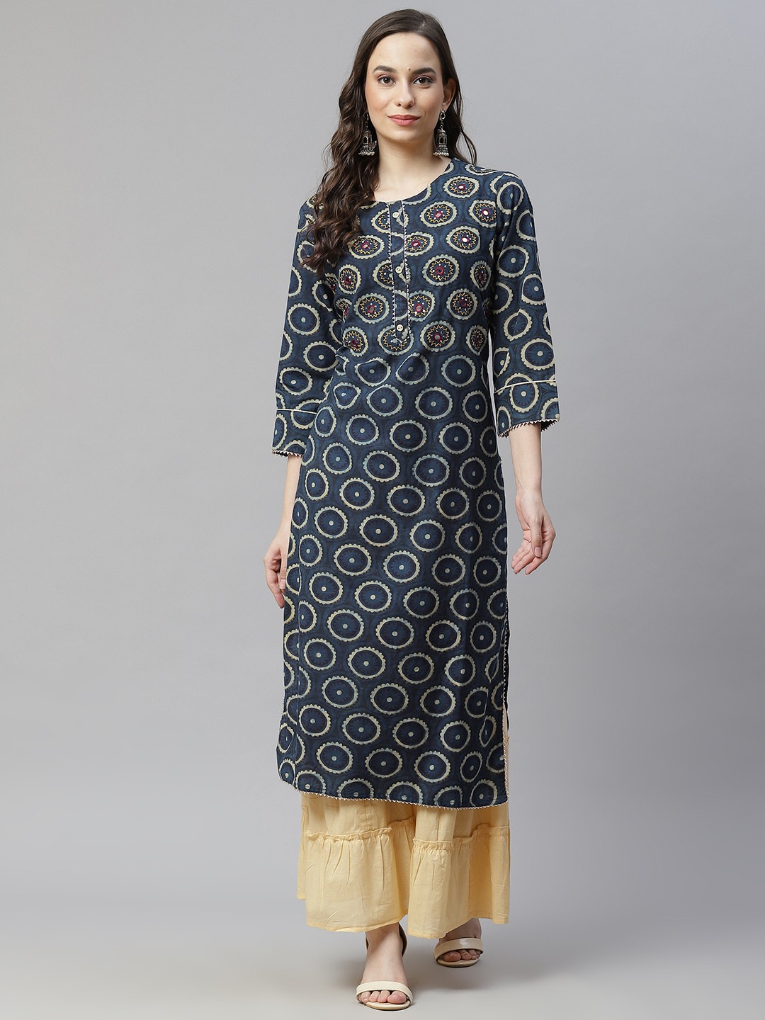 

Readiprint Fashions Women Blue Ethnic Motifs Printed Regular Mirror Work Pure Cotton Kurta with Sharara