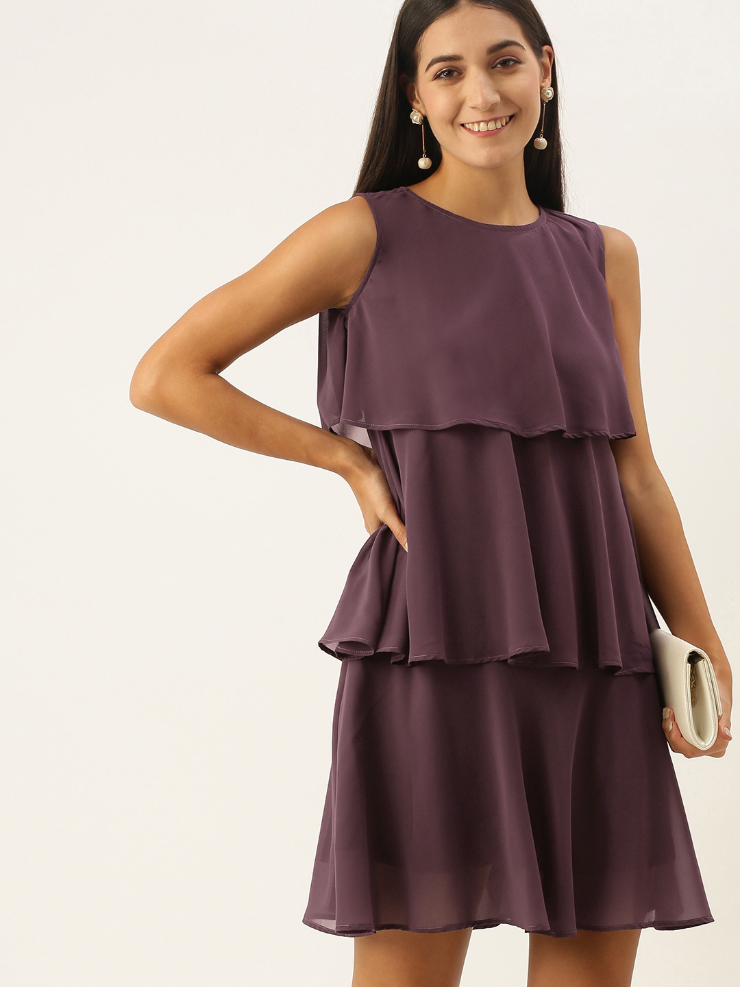 

MELOSO Purple Solid Round Neck Layered Dress