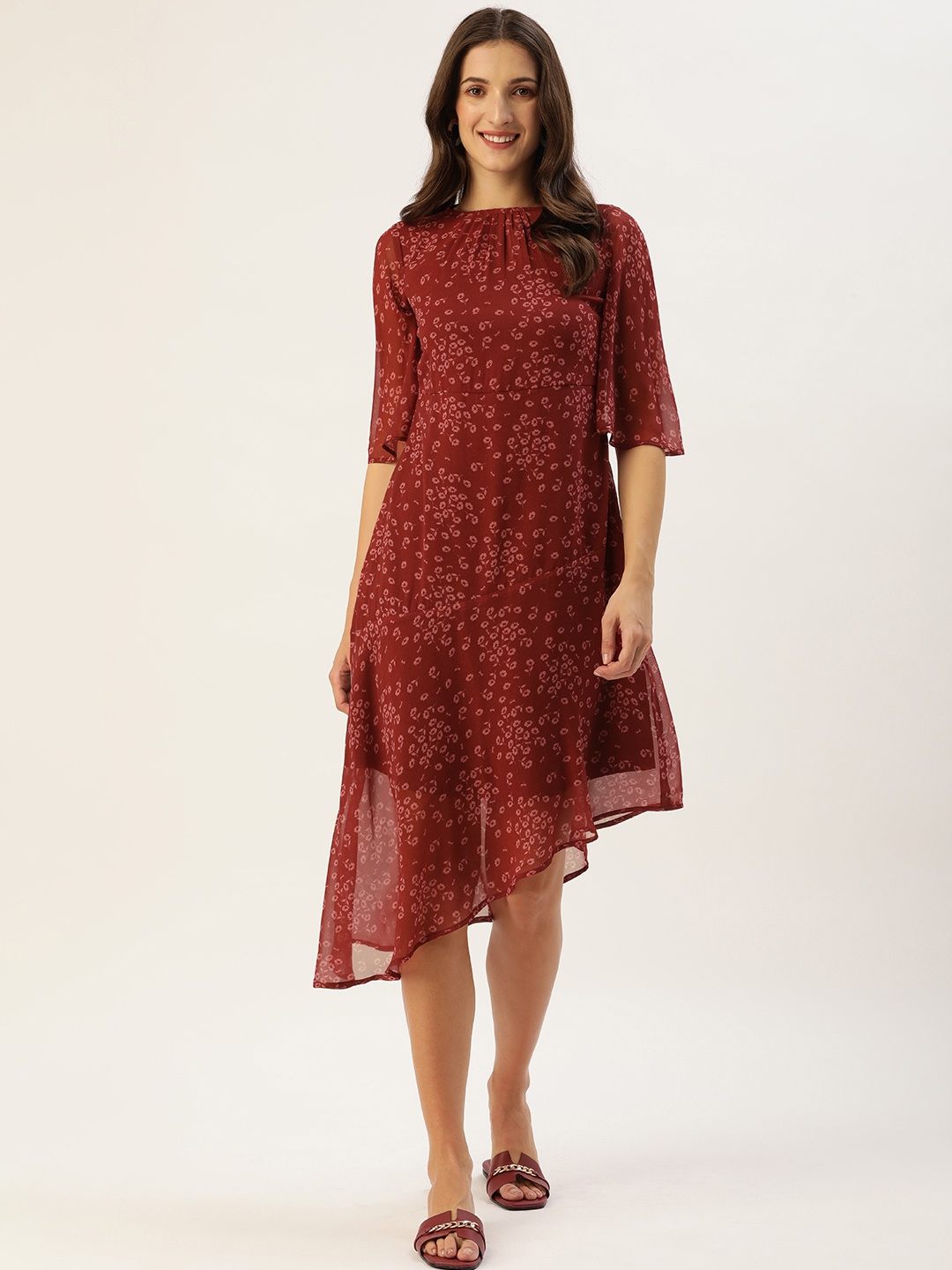 MELOSO Maroon Floral Georgette A-Line Midi Dress
