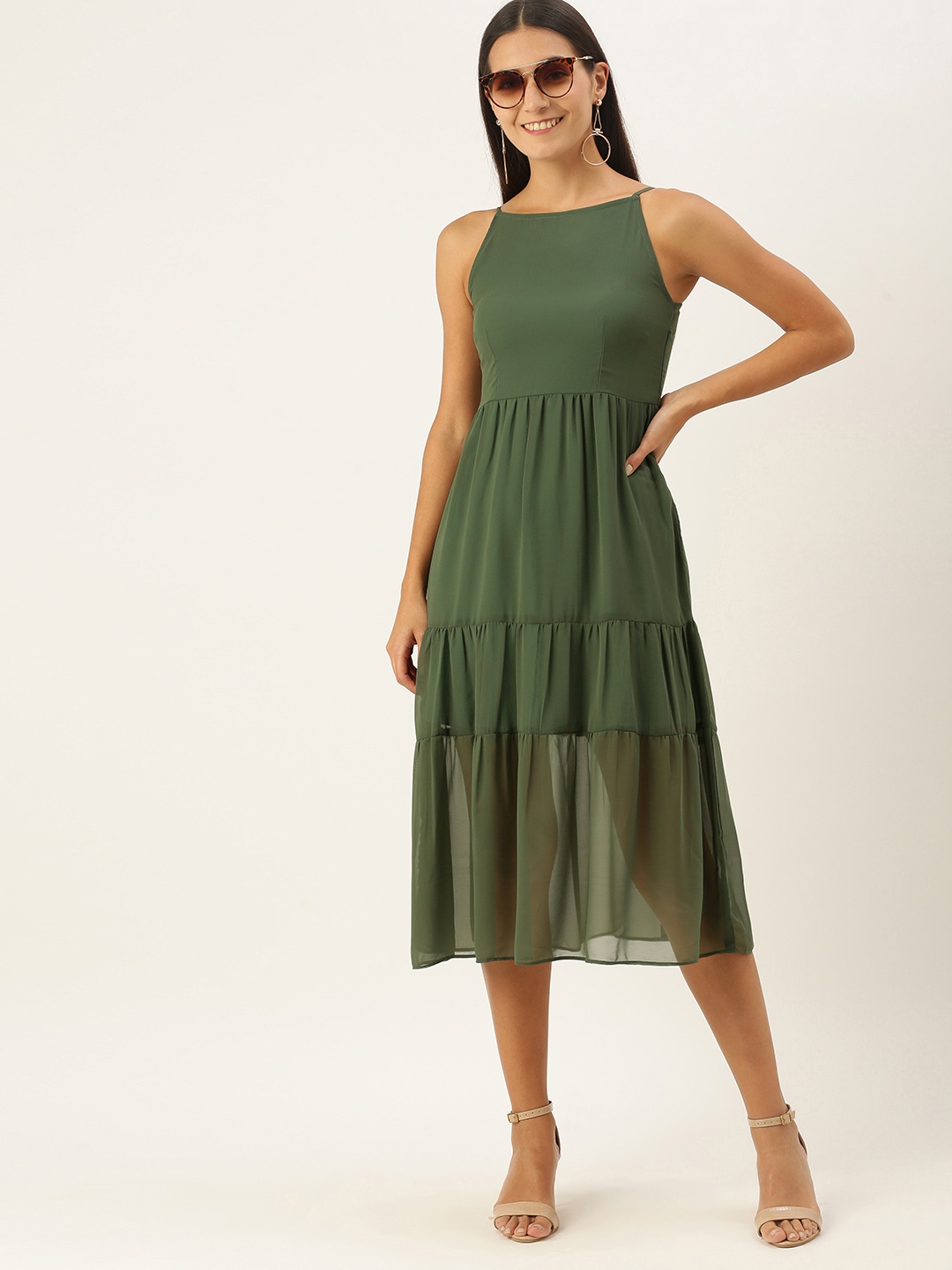 

MELOSO Olive Green Halter Neck Georgette Maxi Dress