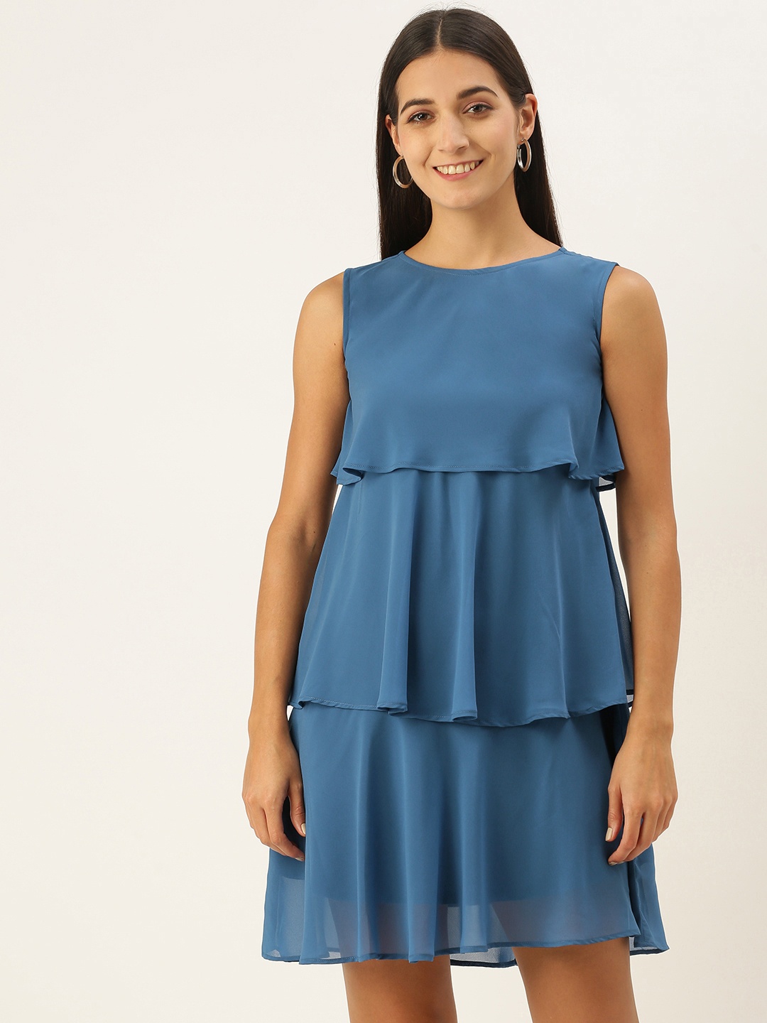 

MELOSO Blue Solid Round Neck Layered Dress