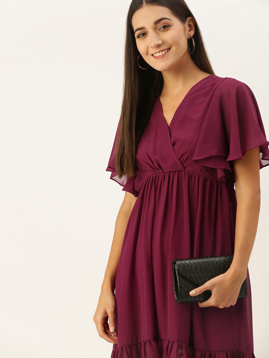 

MELOSO Burgundy Georgette Wrap Dress With Flutter Sleeves