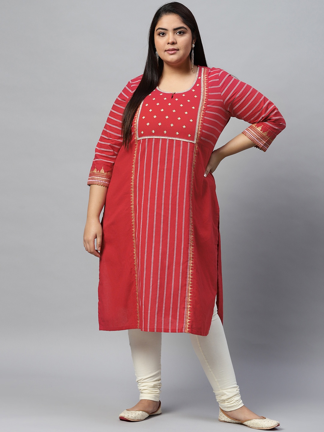 

Rangriti Women Red & Gold-Toned Striped Kurta