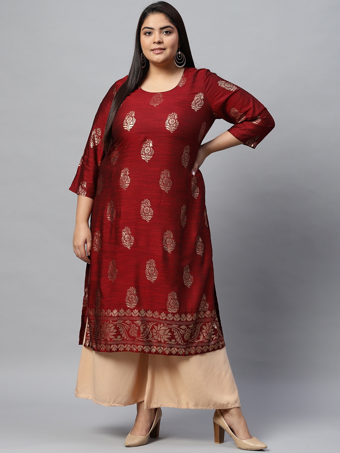 

Rangriti Women Maroon & Gold-Toned Ethnic Motifs Printed Kurta
