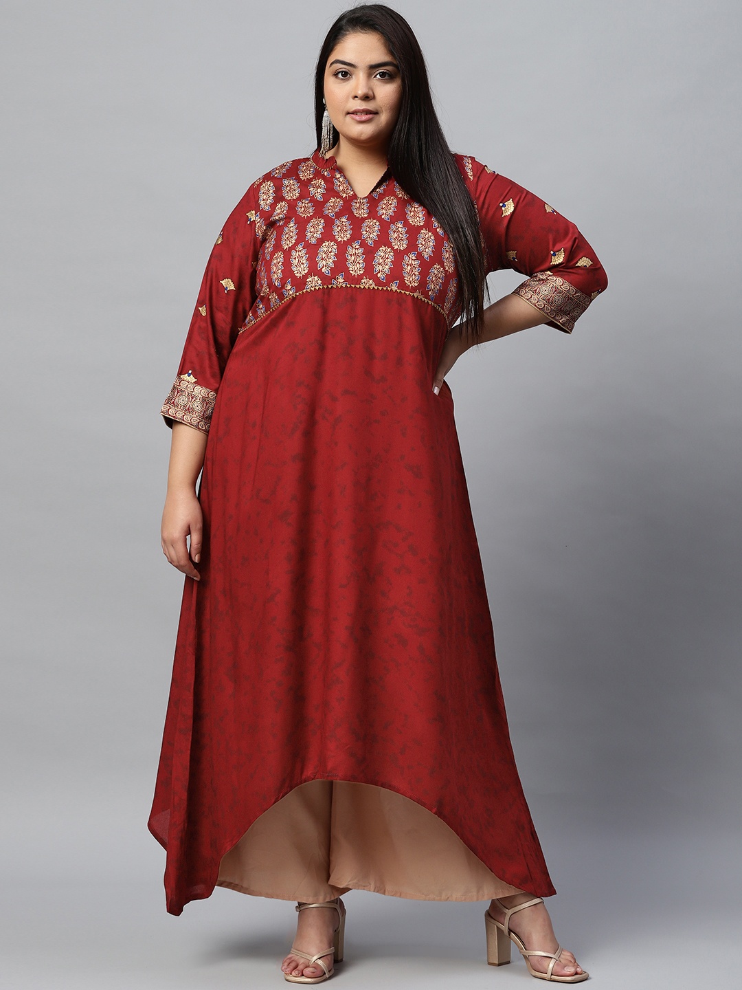 

Rangriti Women Maroon & Gold-Toned Ethnic Motifs Printed Kurta