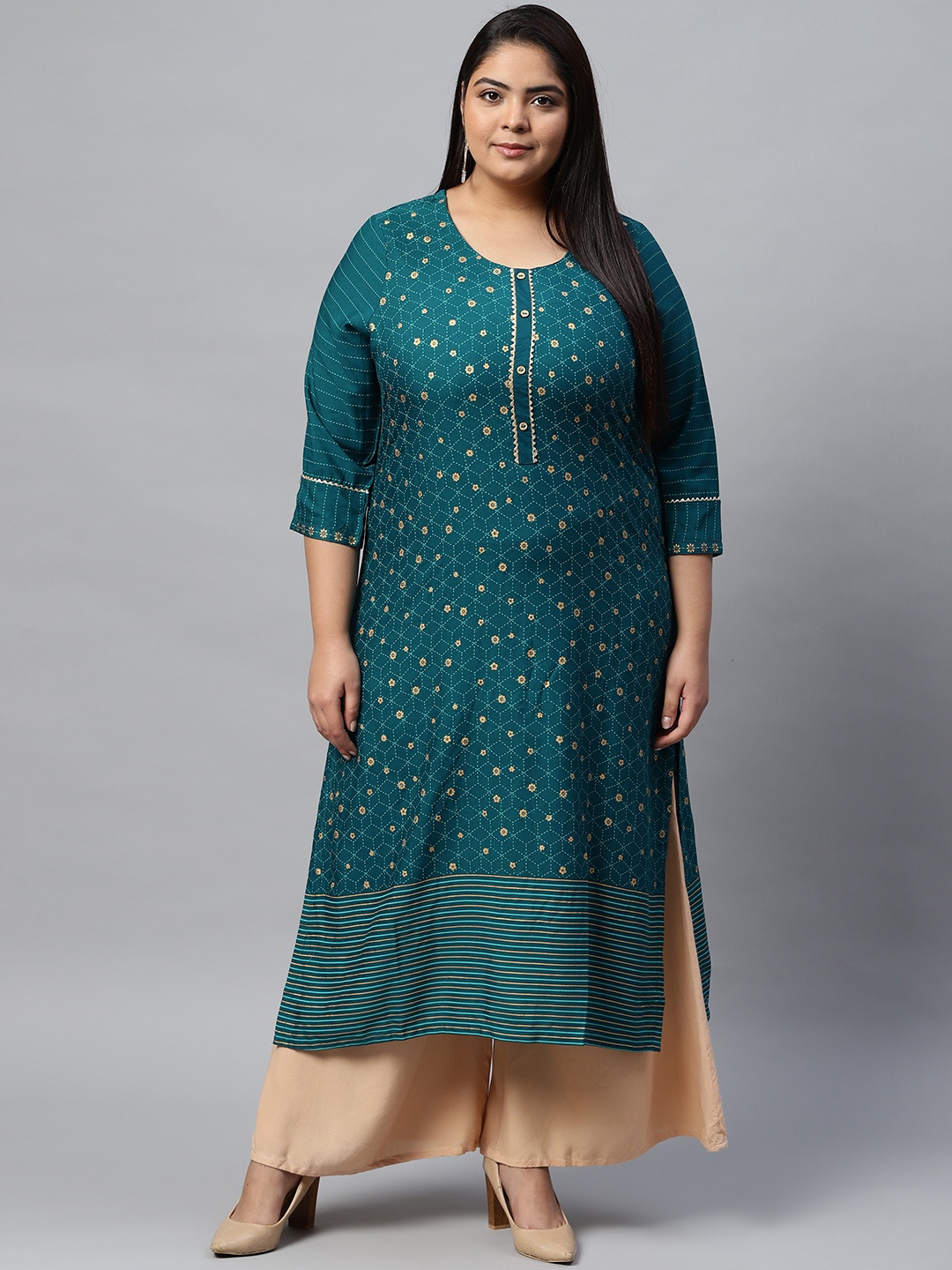 

Rangriti Women Green & Gold-Toned Ethnic Motifs Kurta