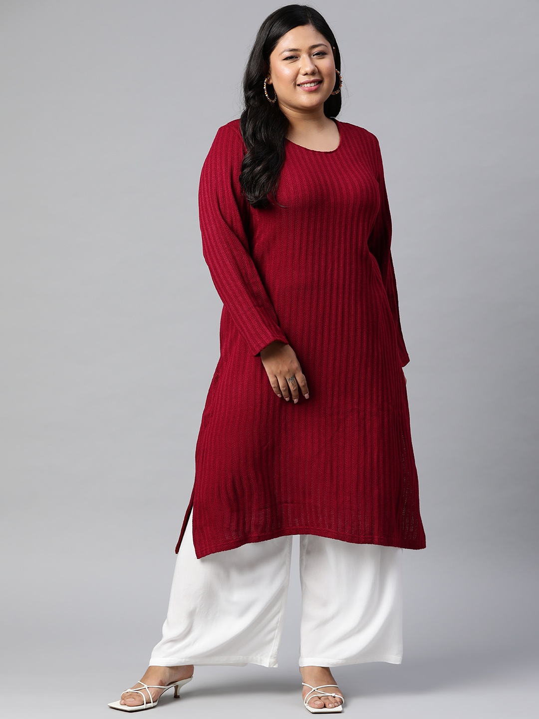 

Rangriti Women Maroon Self Striped Knitted Kurta