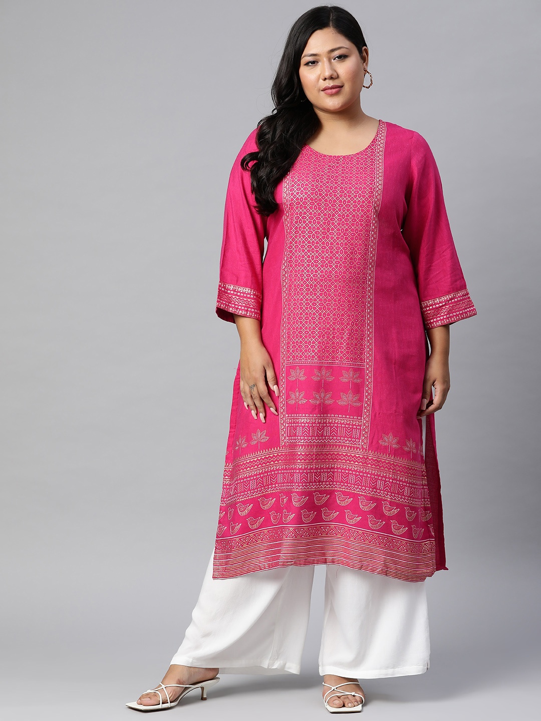 

Rangriti Women Fuchsia Pink Ethnic Motifs Woven Kurta