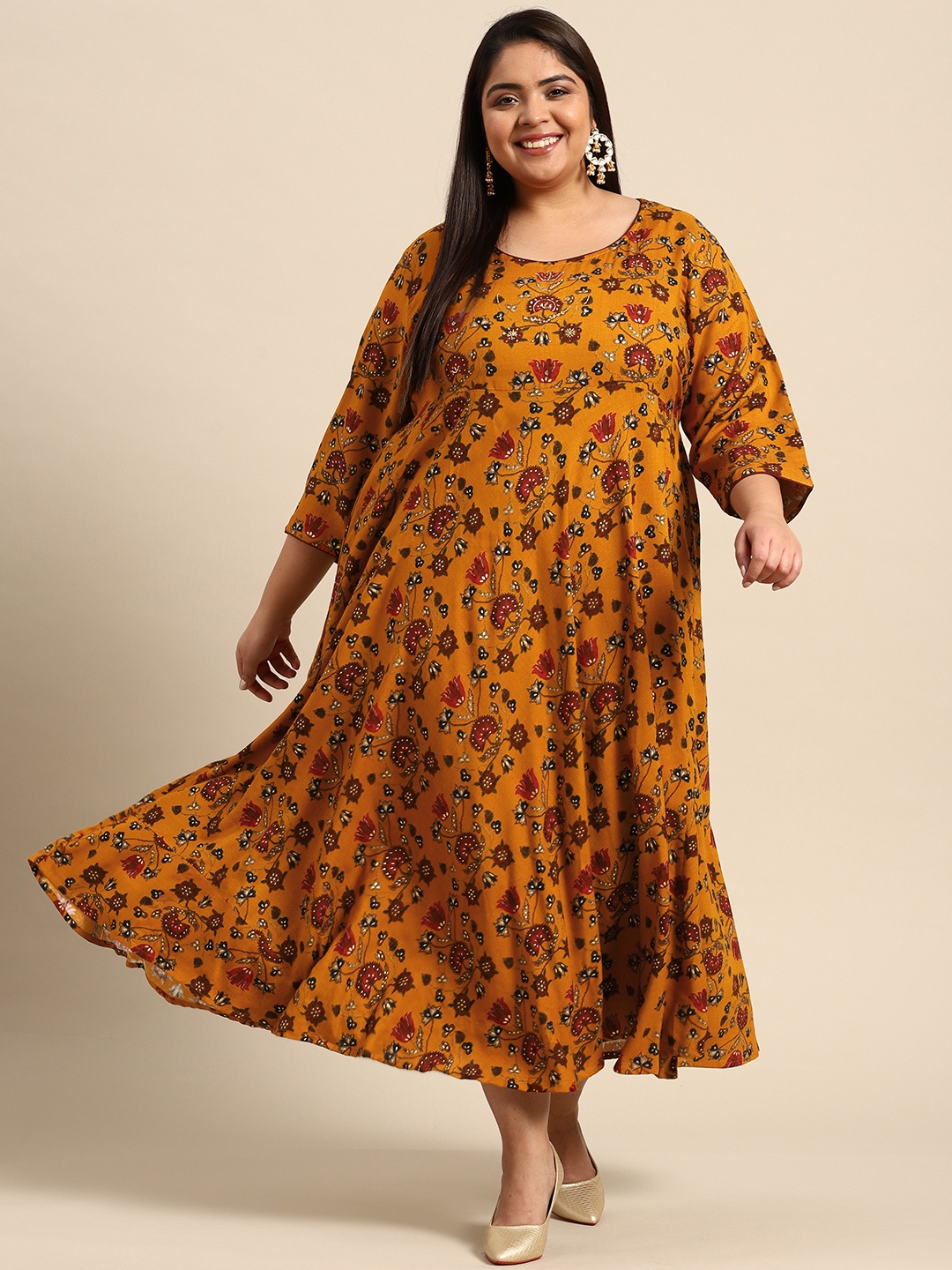 

RANGMAYEE Mustard Yellow & Maroon Floral Liva Ethnic A-Line Maxi Dress