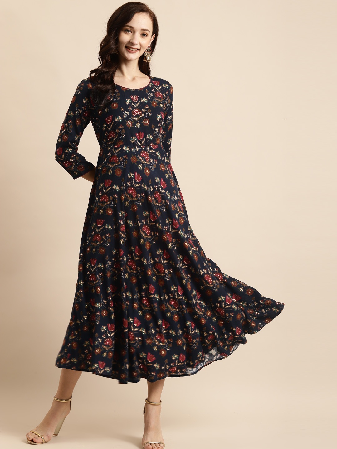 

RANGMAYEE Navy Blue & Maroon Liva Ethnic A-Line Maxi Dress