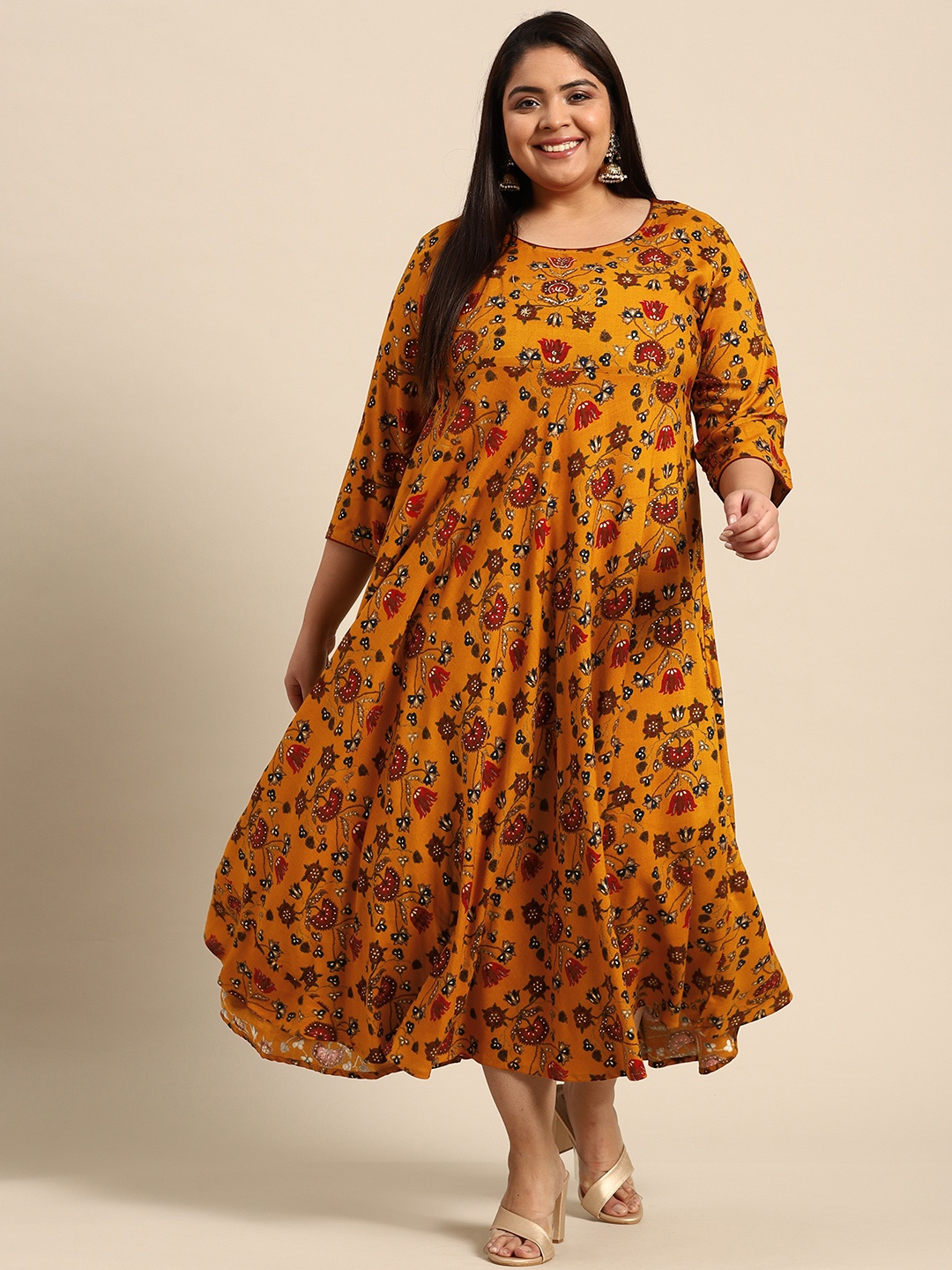 

RANGMAYEE Mustard Yellow & Maroon Floral Liva Ethnic Maxi Dress