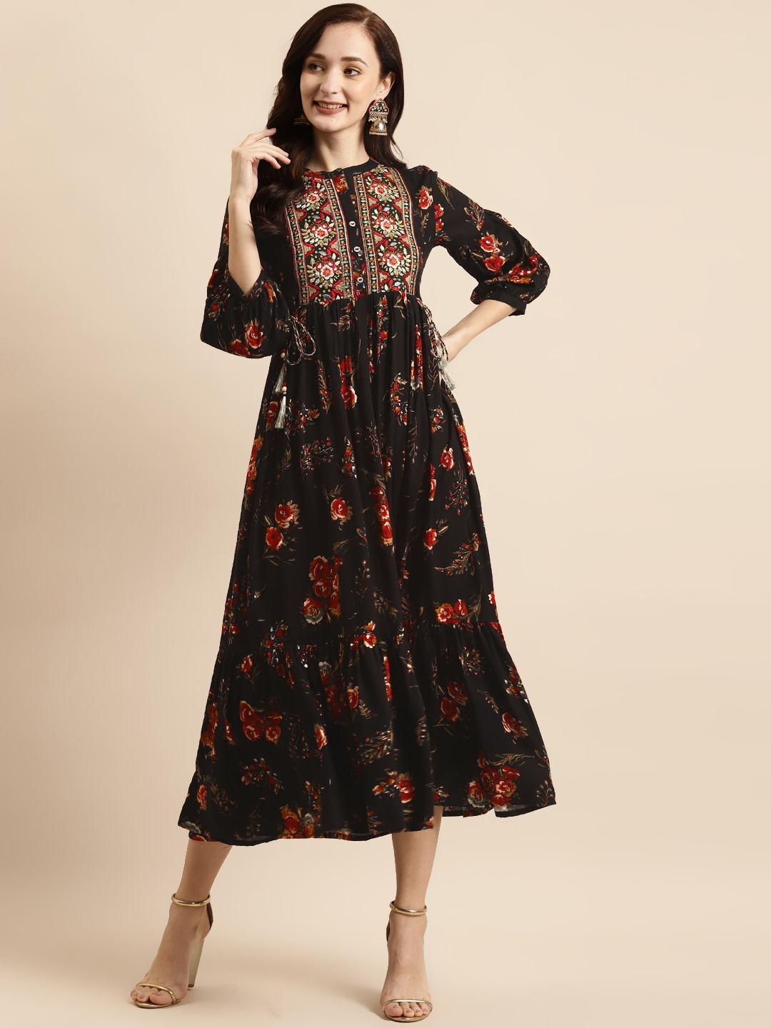 

RANGMAYEE Black & Red Floral Liva Ethnic A-Line Maxi Dress