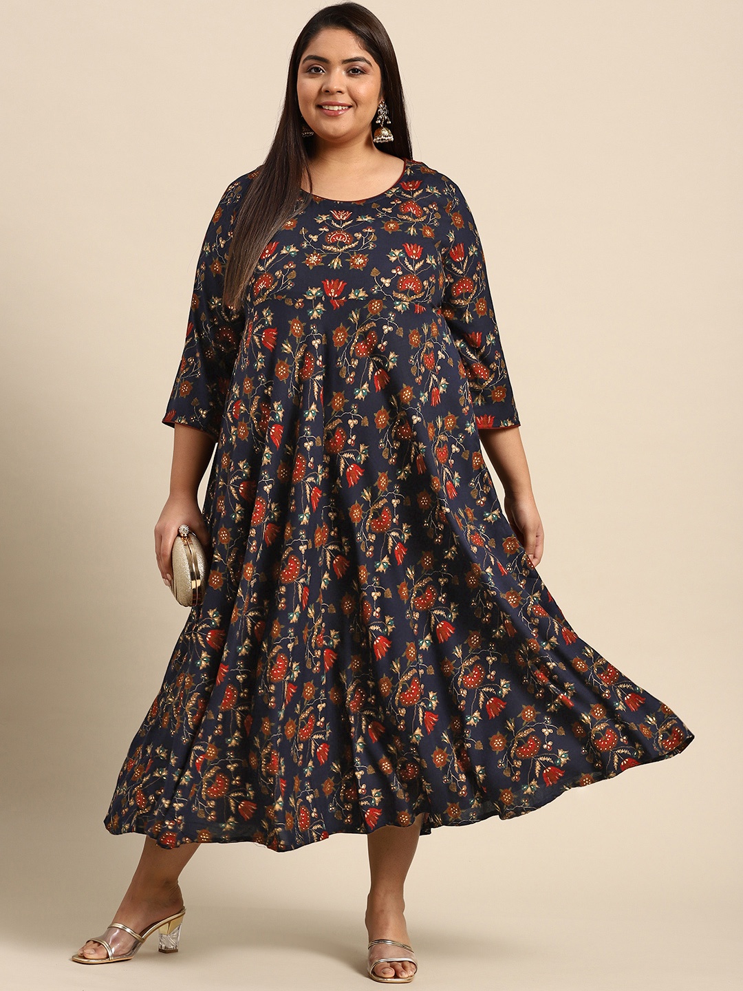 

RANGMAYEE Navy Blue & Maroon Floral Liva Ethnic A-Line Midi Dress