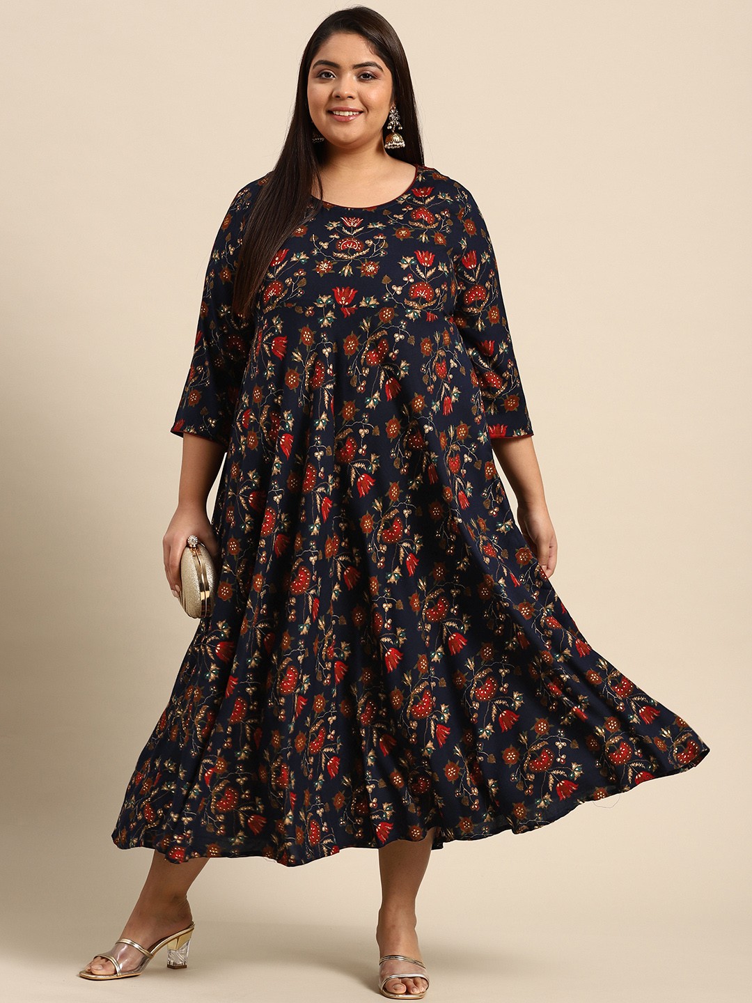 

RANGMAYEE Navy Blue & Maroon Floral Liva Ethnic A-Line Maxi Dress