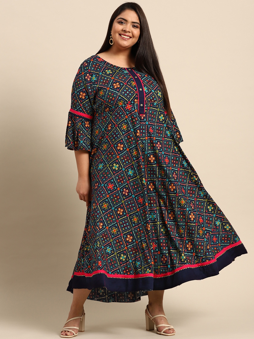 

RANGMAYEE Blue & Red Floral Liva Ethnic A-Line Bandhani Foil Printed Maxi Dress