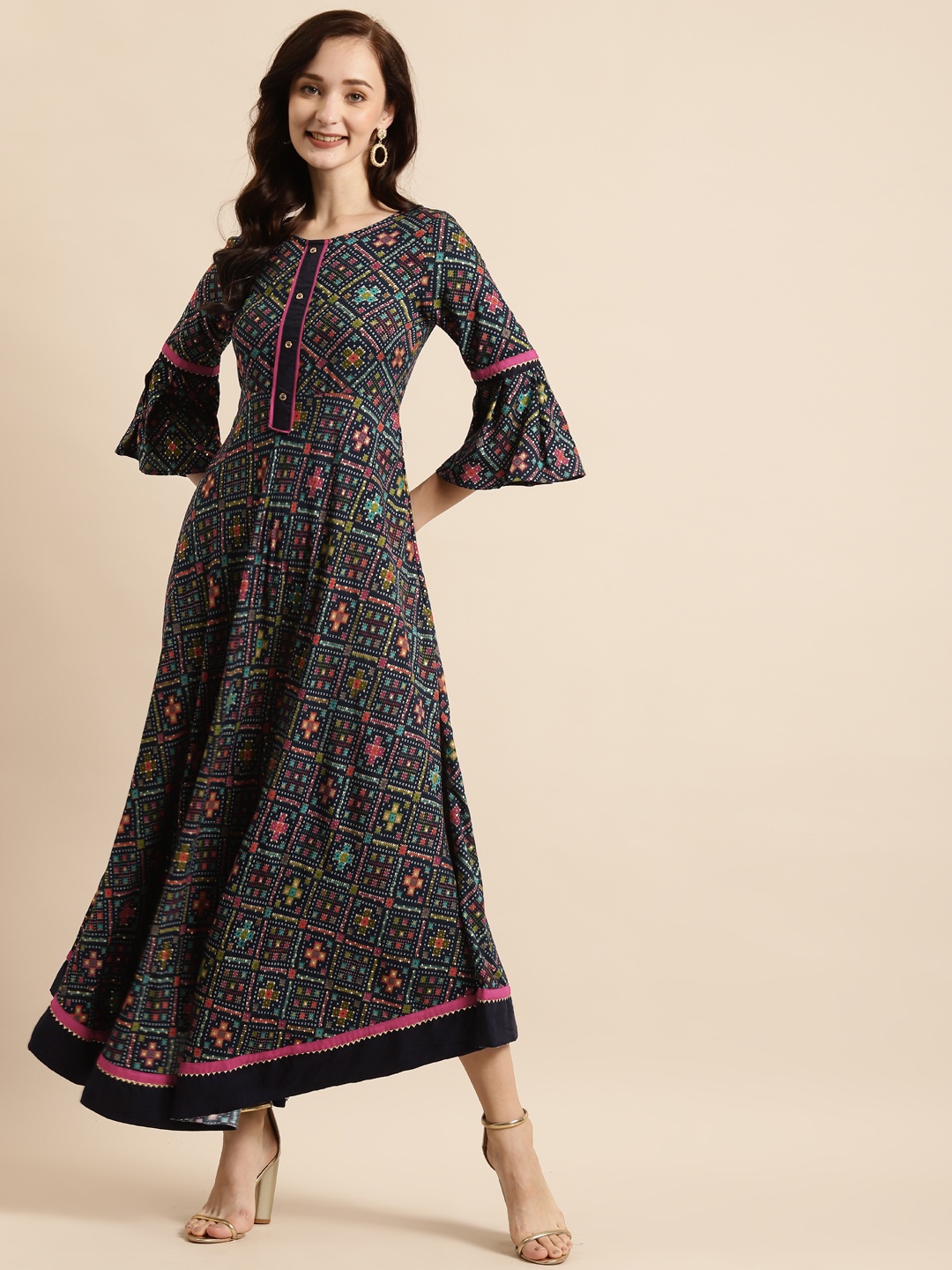 

RANGMAYEE Blue & Red Liva Ethnic A-Line Maxi Dress