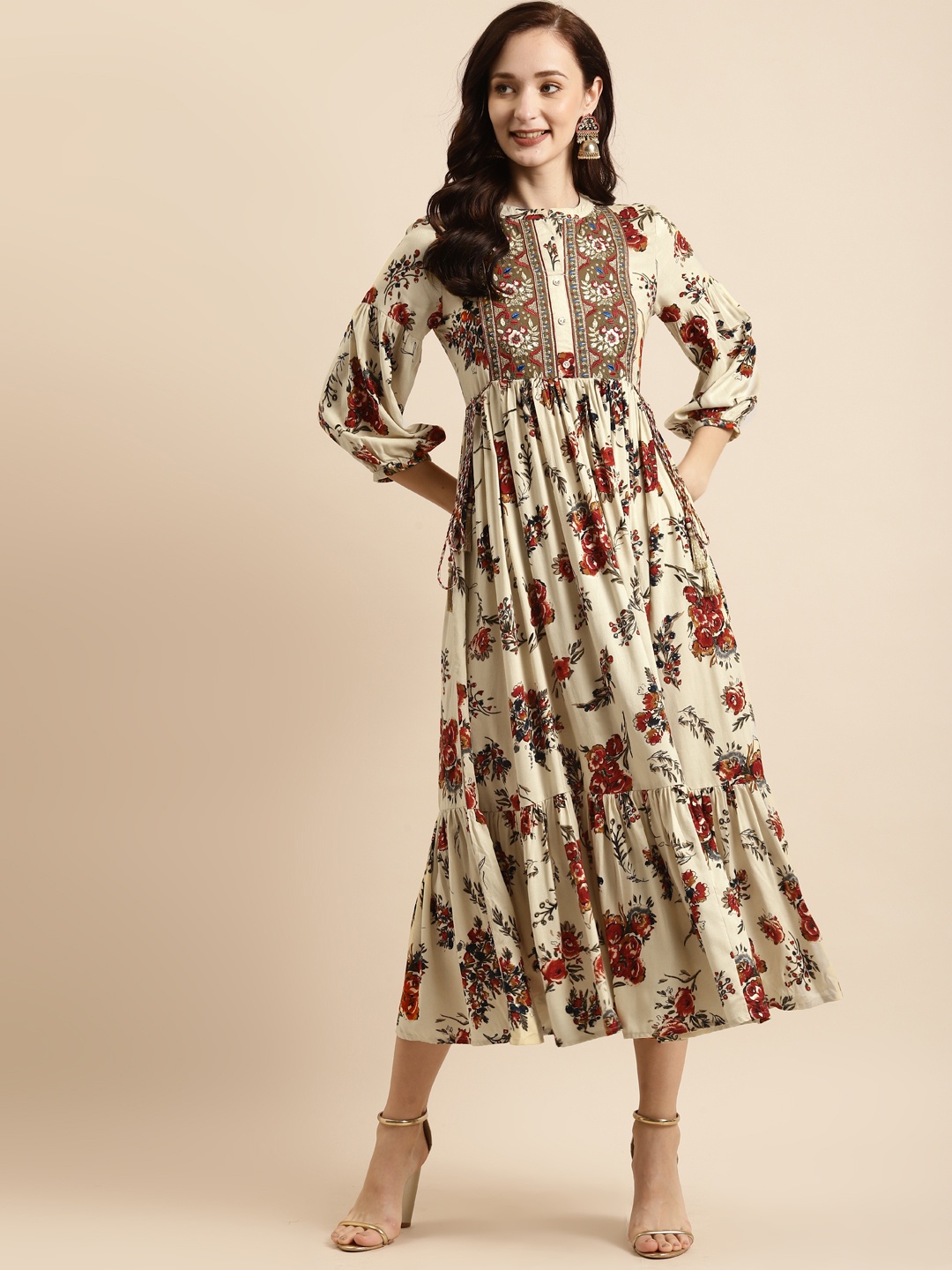 

RANGMAYEE Off White & Red Floral Liva Ethnic A-Line Maxi Ethnic Dress