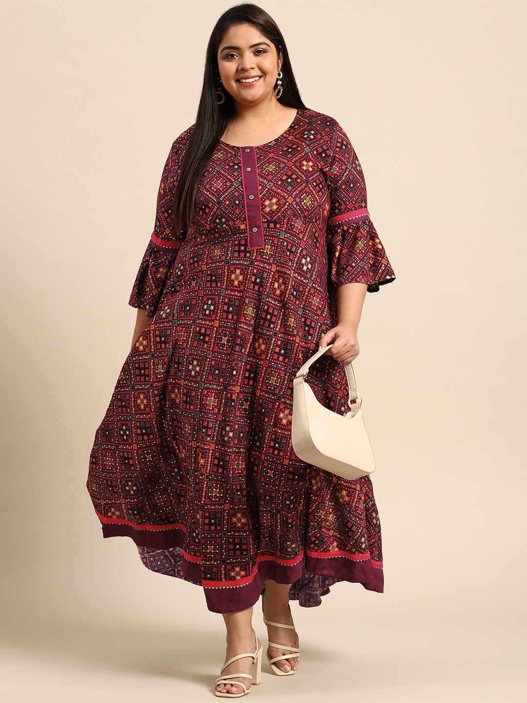 

RANGMAYEE Magenta & Purple Ethnic Motifs Liva Ethnic A-Line Maxi Dress