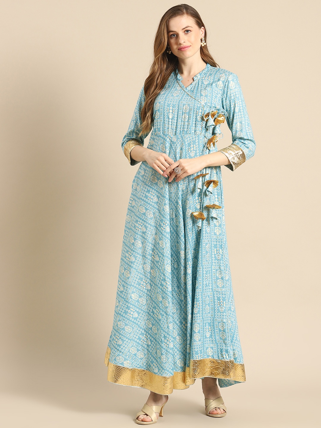 

RANGMAYEE Blue Gotta Patti Foil Printed Angrakha Style Maxi Dress