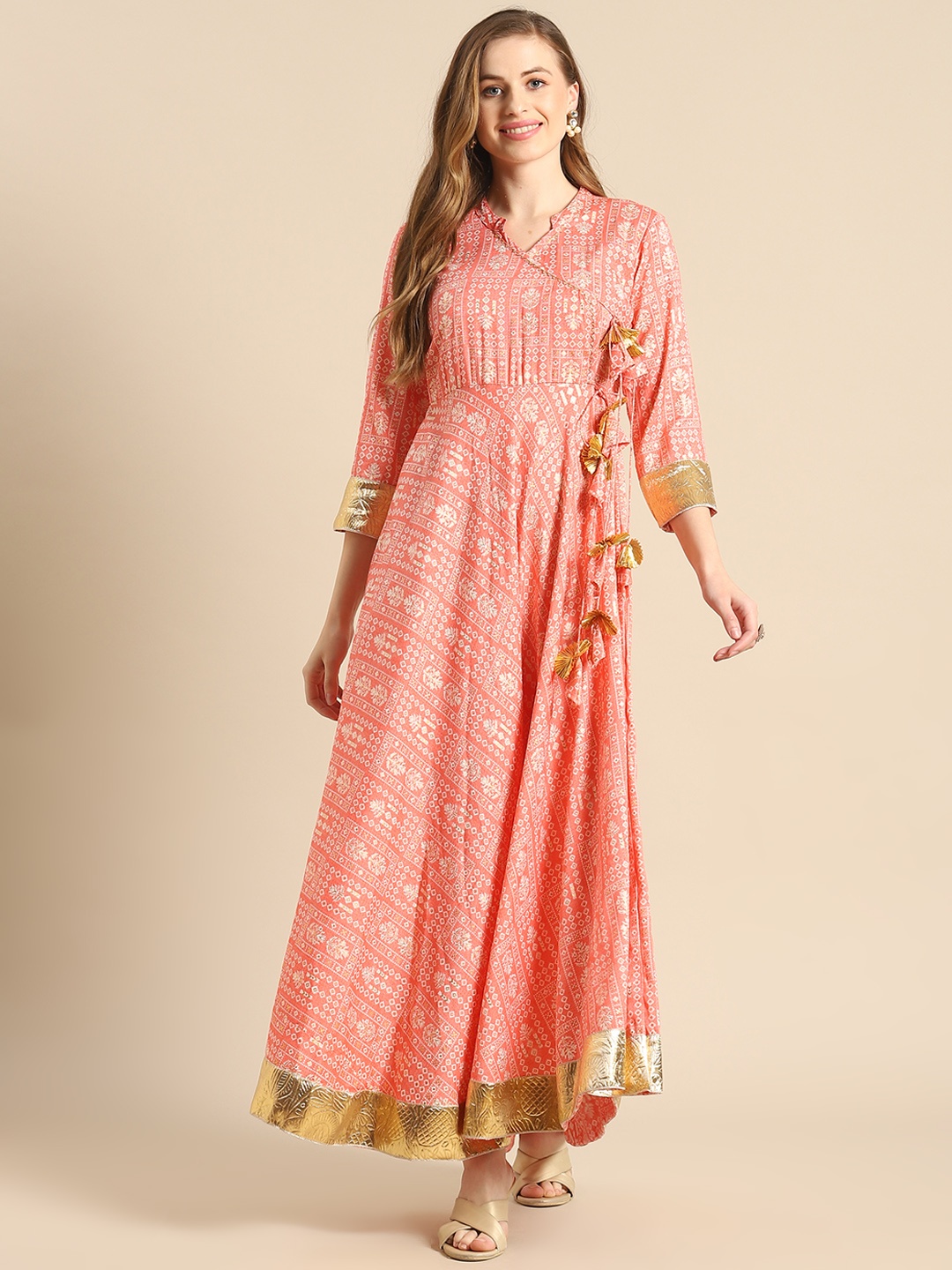 

RANGMAYEE Coral Pink Gotta Patti Foil Printed Angrakha Style Maxi Dress