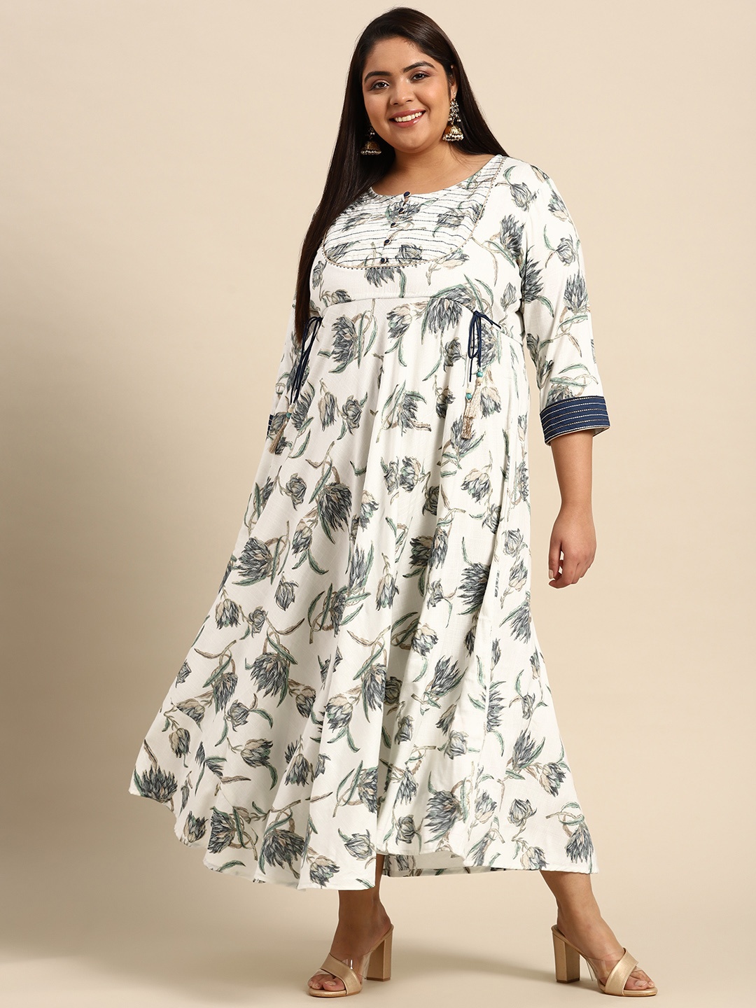 

RANGMAYEE White & Blue Floral Liva Ethnic A-Line Maxi Dress