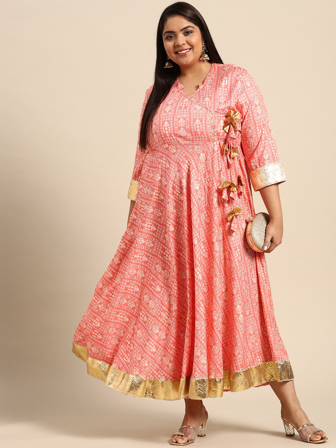 

RANGMAYEE Pink & White Floral Liva Ethnic Gotta Patti Foil Printed Angrakha Maxi Dress