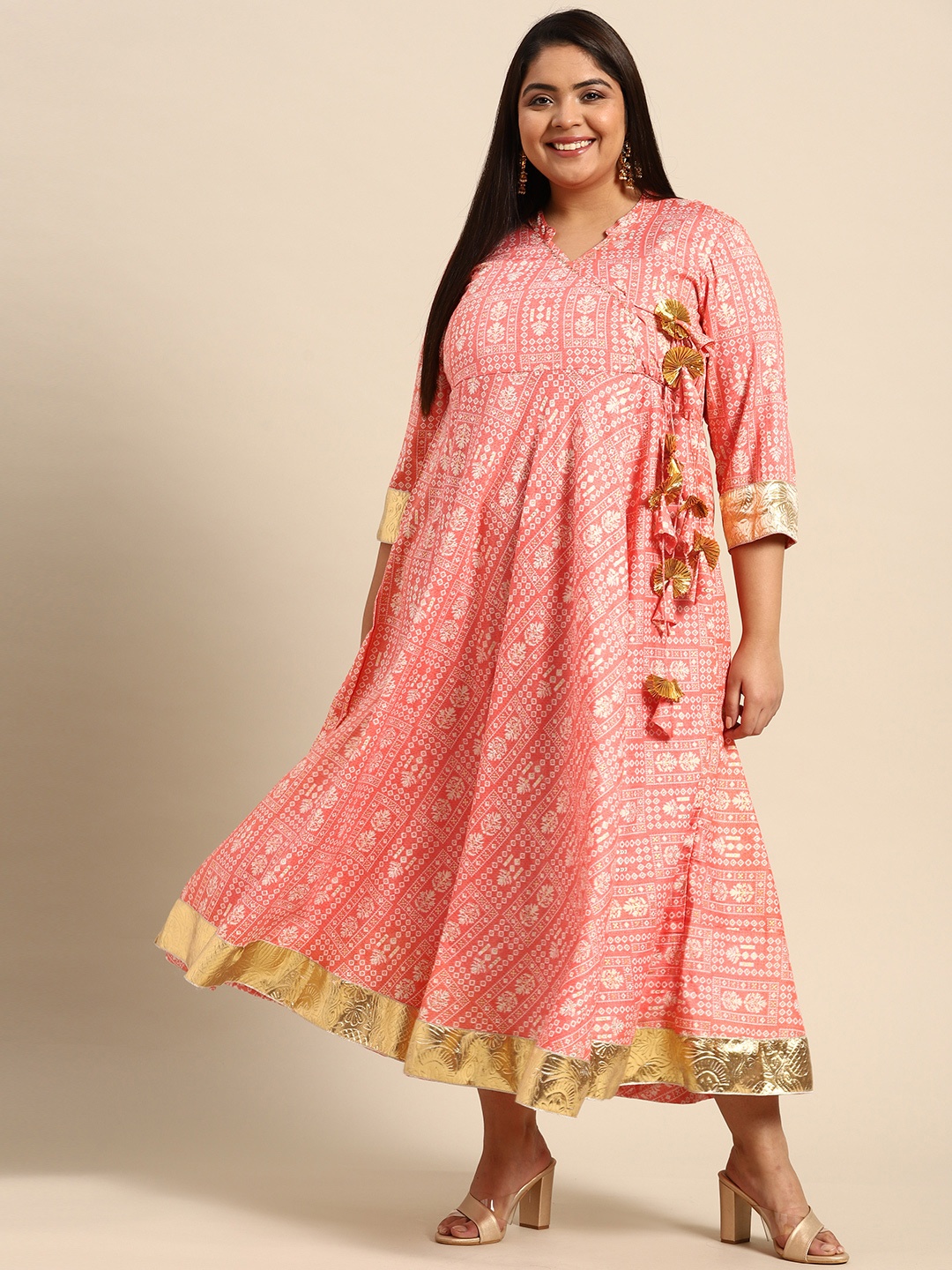 

RANGMAYEE Pink & White Floral Liva Ethnic Gotta Patti Foil Printed Angrakha Maxi Dress