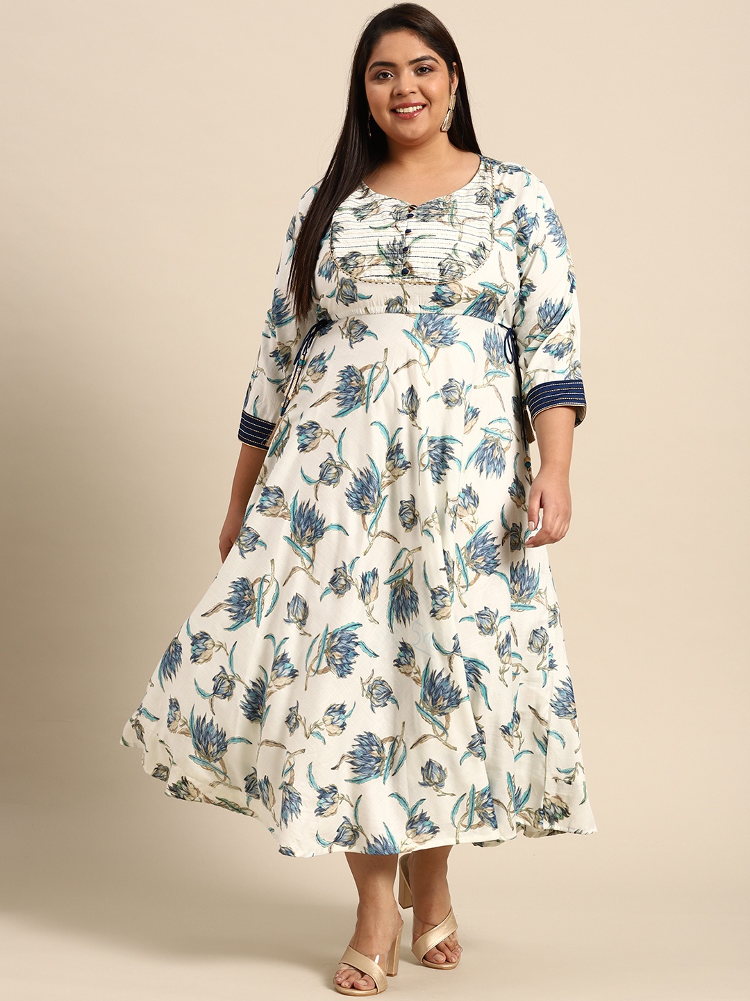 

RANGMAYEE White & Blue Floral Liva Ethnic A-Line Maxi Dress