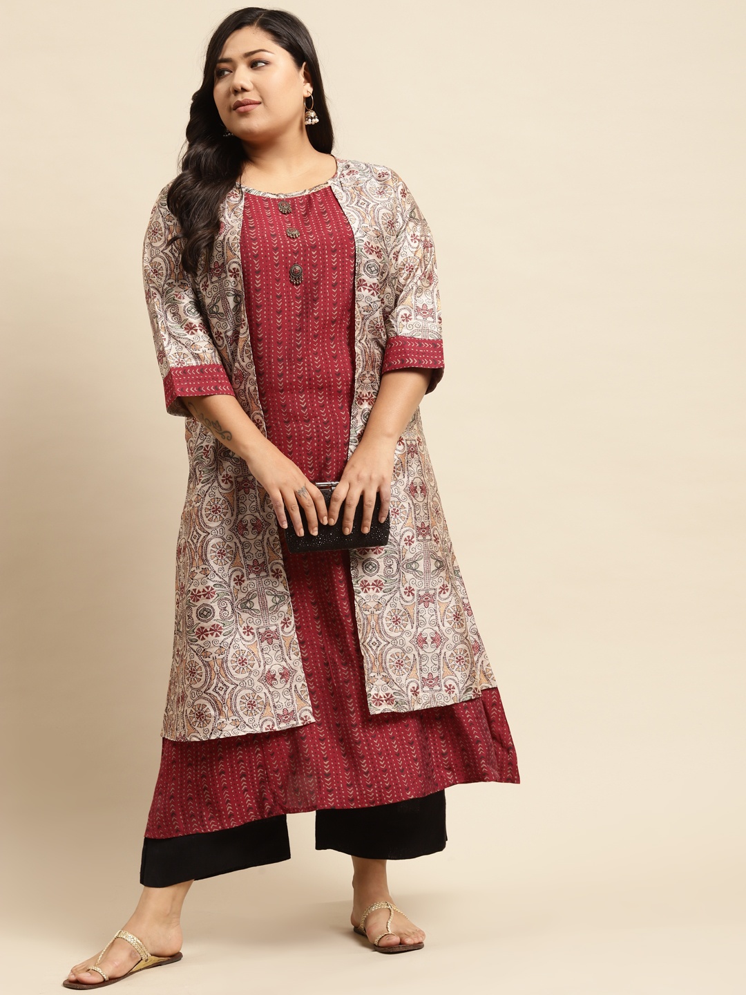 

RANGMAYEE Women Maroon & Beige Ethnic Motifs Printed Liva Layered A-Line Kurta