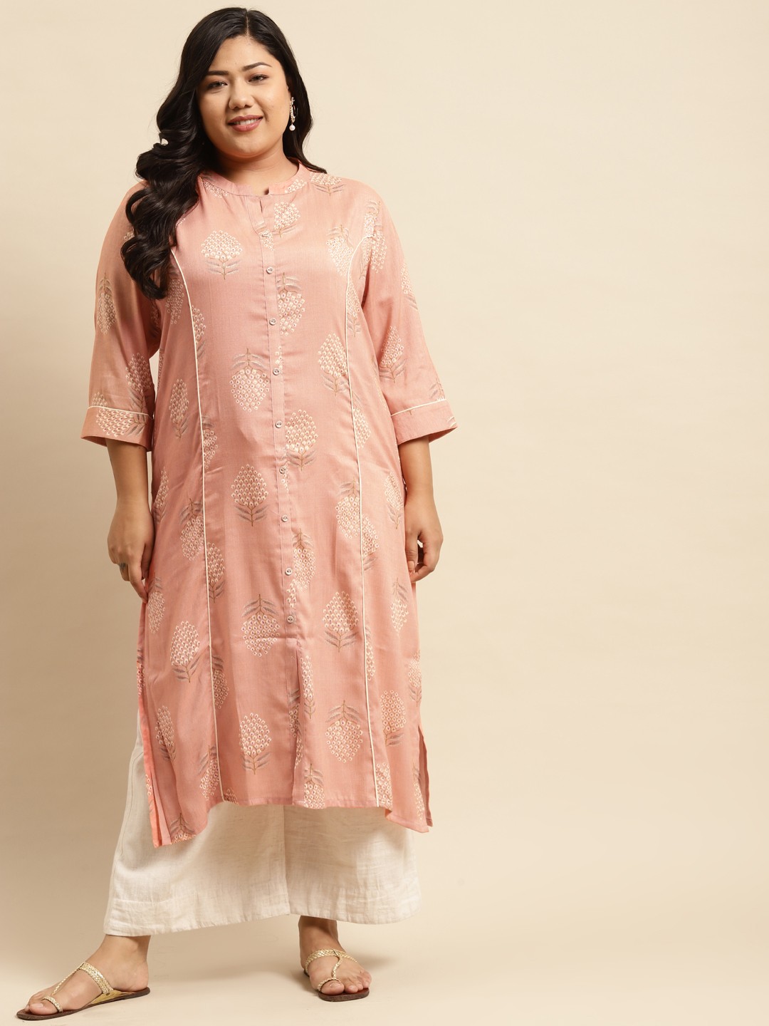 

RANGMAYEE Women Pink & Cream-Coloured Floral Printed Floral Liva Kurta