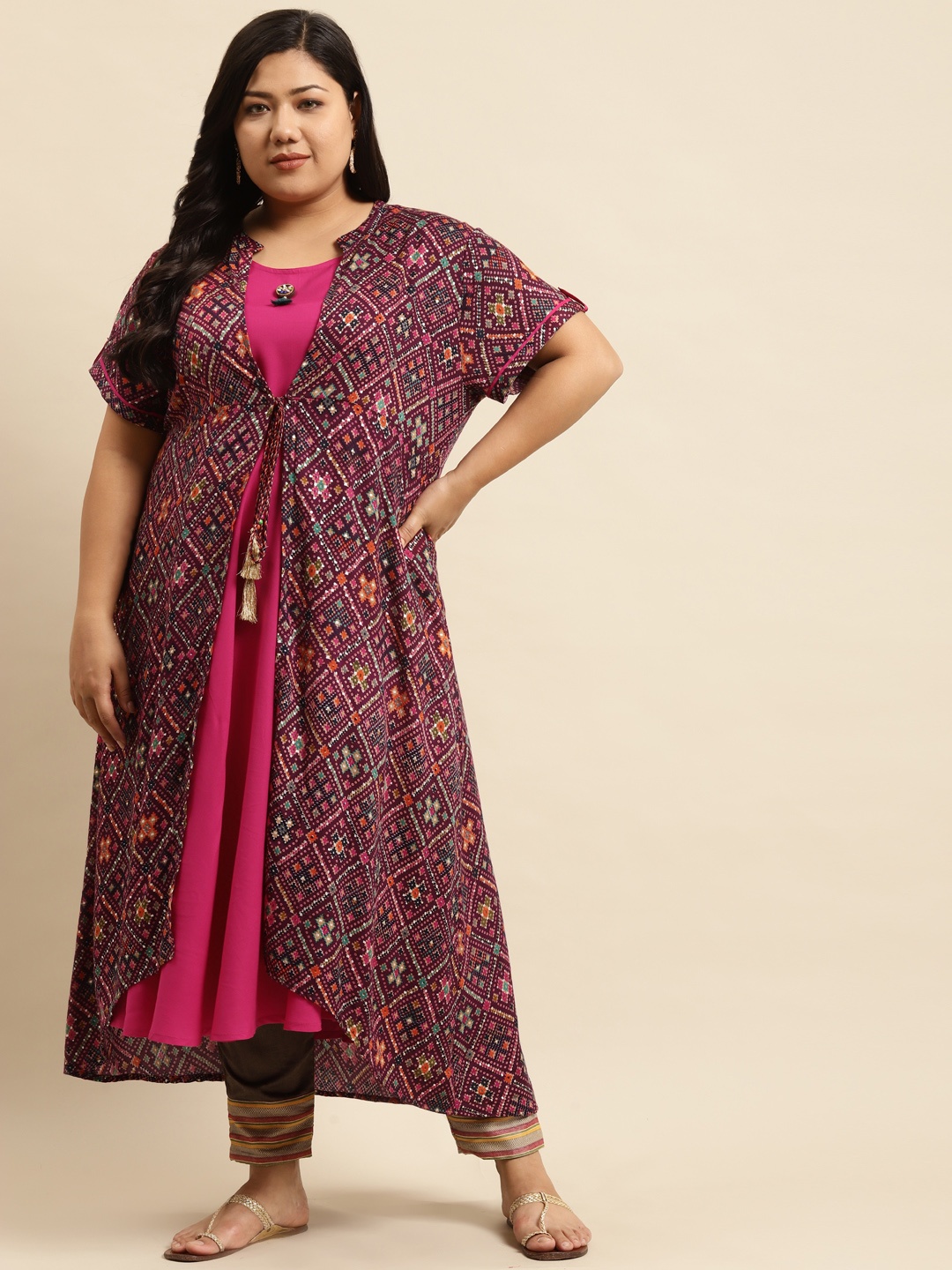 

RANGMAYEE Women Magenta Bandhani Printed Liva Layered A-Line Kurta