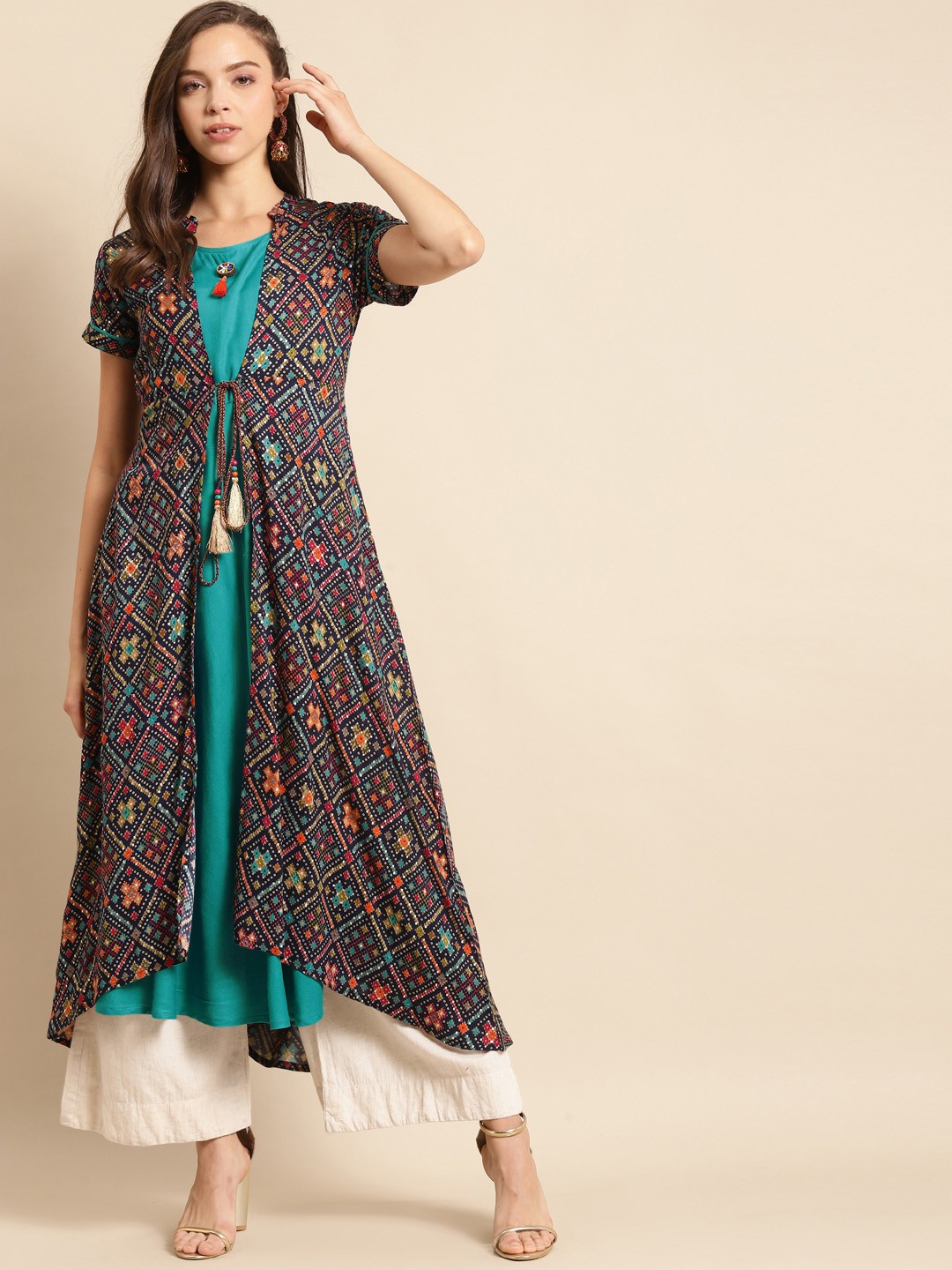 

RANGMAYEE Women Navy Blue & Green Bandhani Printed Indie Prints Liva Kurta