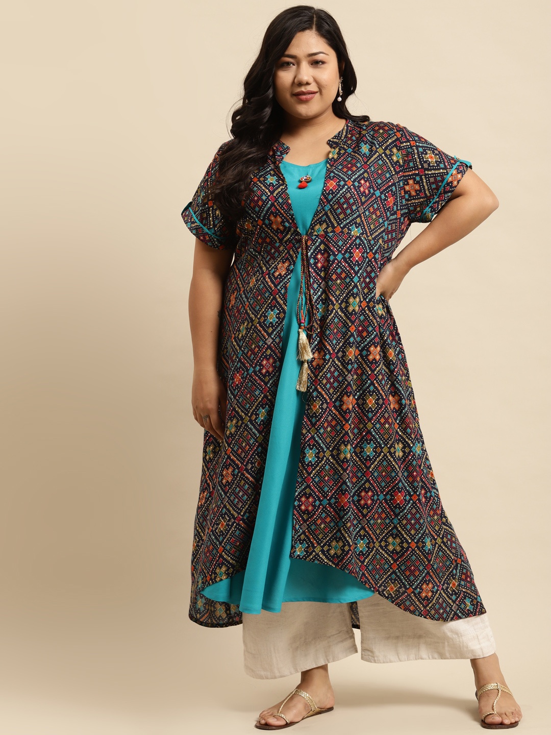 

RANGMAYEE Women Navy Blue & Green Bandhani Printed Indie Prints Liva Kurta